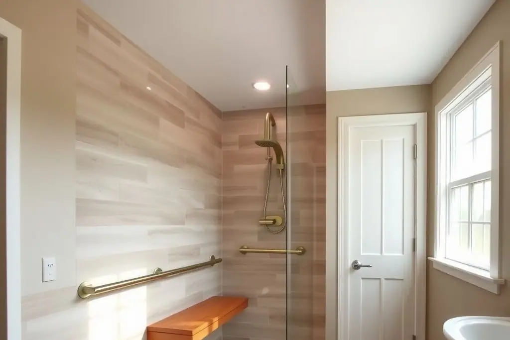 Accessible bathroom with a curbless shower, a wall-mounted teak bench and brushed brass grab bars