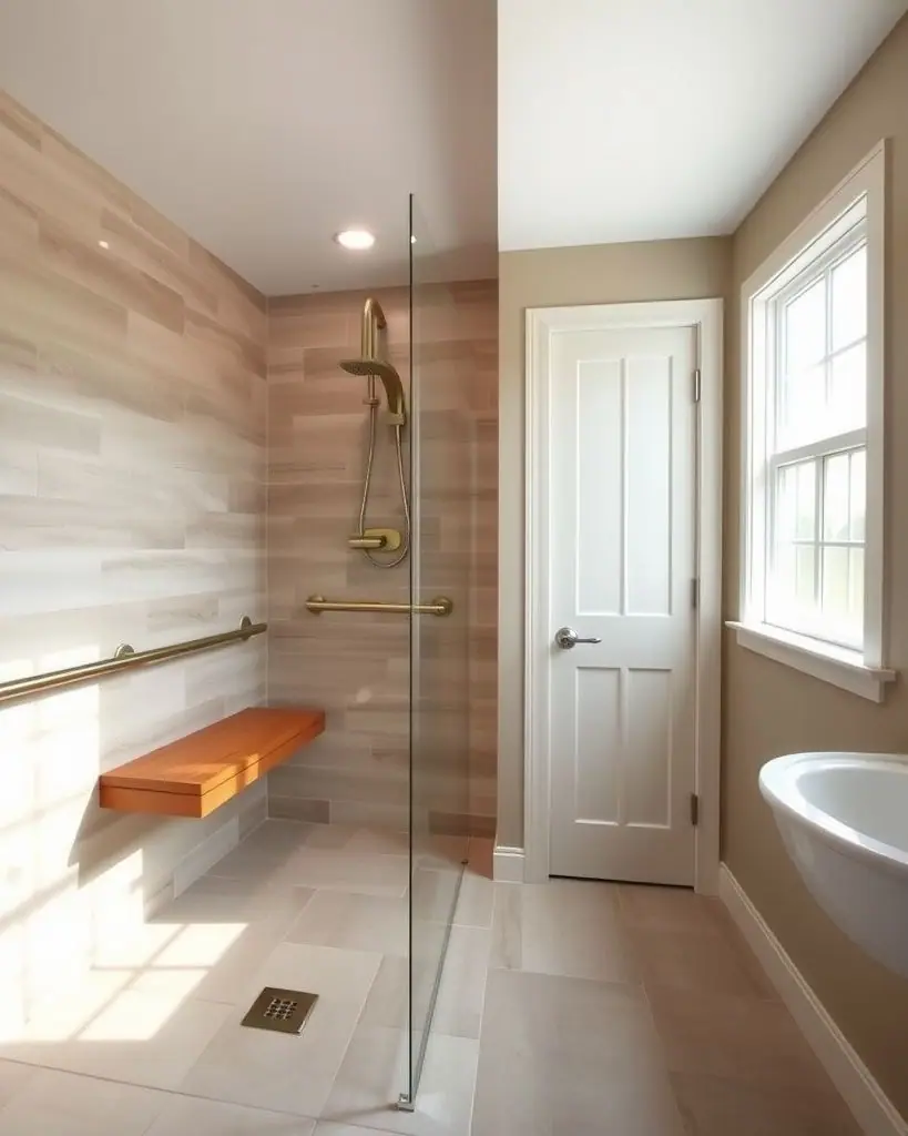 Accessible bathroom with a curbless shower and linear-grate drain, a teak bench, handheld shower and brushed brass grab bars