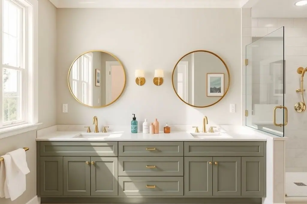 Primary bathroom with a sage green double vanity, brass faucets and large-format porcelain floor tile
