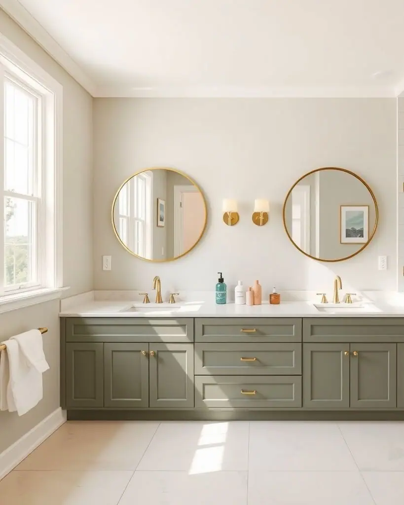 Bathroom with a sage double vanity, round mirrors and brass faucets in soft morning light