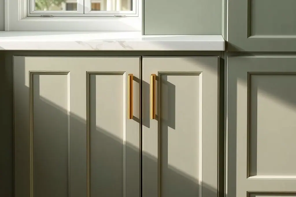Sage green cabinet doors with brushed brass bar pulls under a white quartz countertop edge