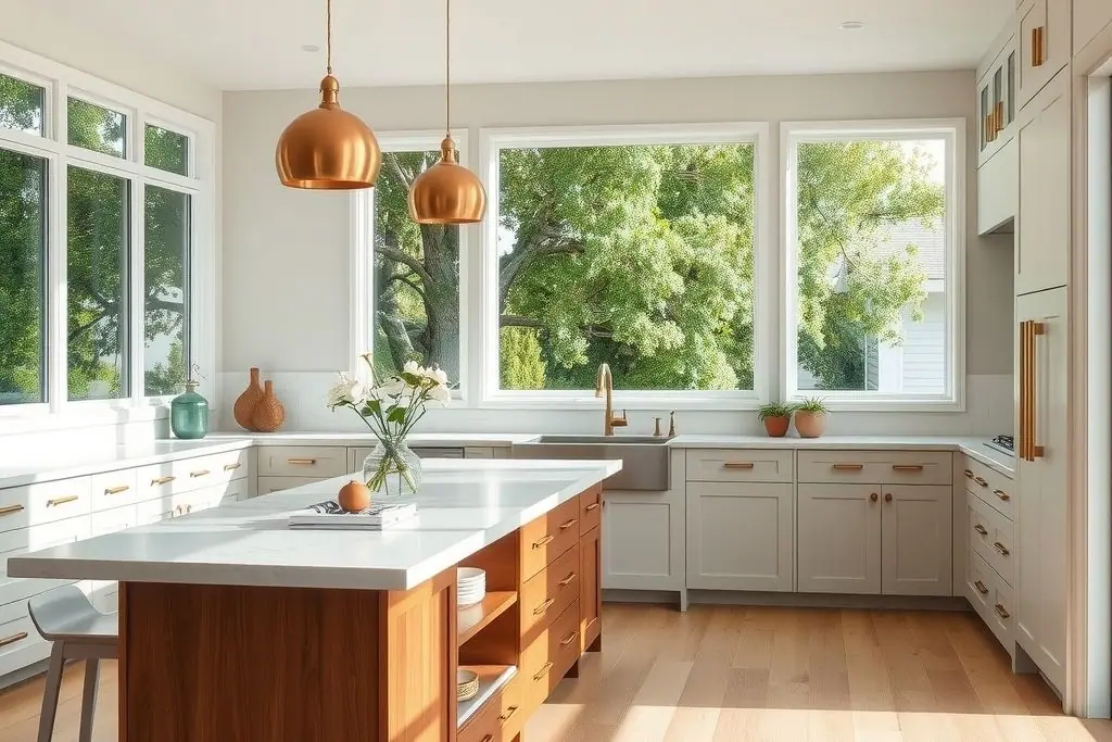 Large kitchen island in white quartz on a walnut base under copper-toned pendants