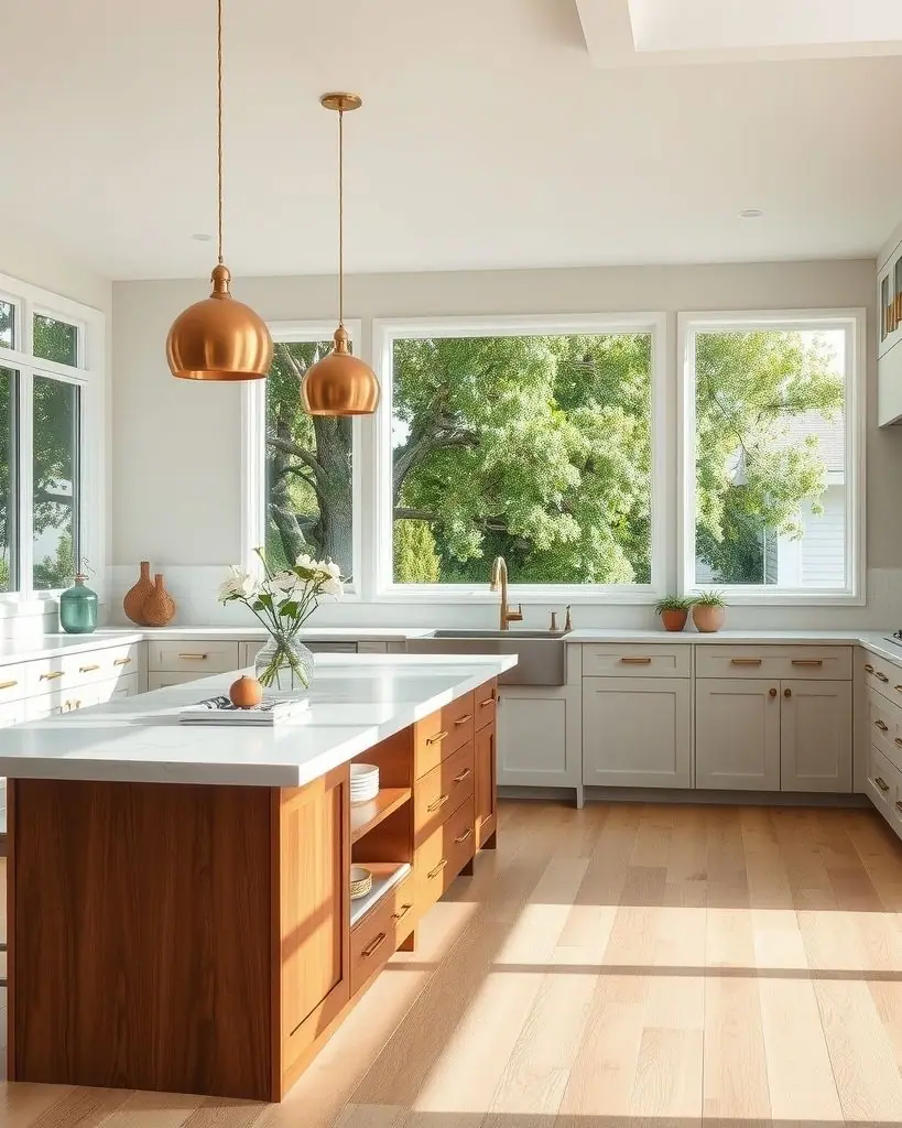Bright remodeled kitchen with a white quartz island on a walnut base, copper-toned pendant lights and windows onto green trees