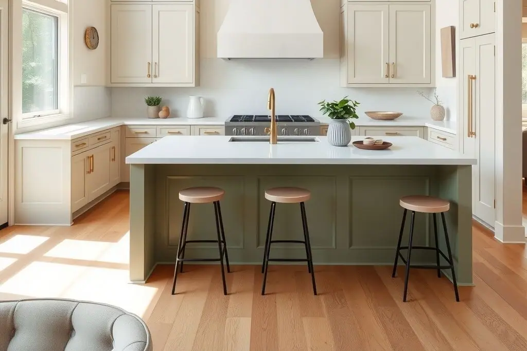 Open kitchen with a sage green island, white quartz counters and a plaster range hood