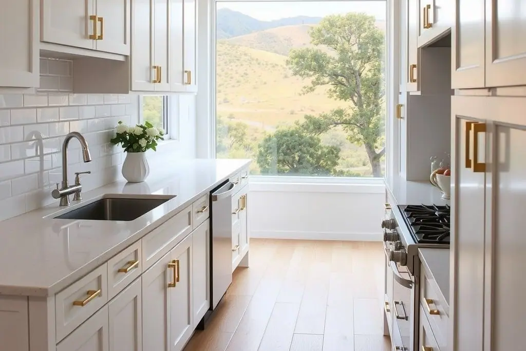 Galley kitchen with white cabinets, brass pulls and a large window onto golden hills and oaks
