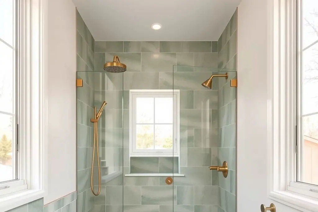 Walk-in shower with sage green stone-look tile, frameless glass and brushed brass fixtures