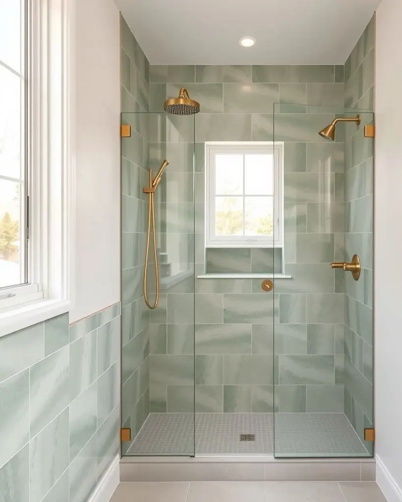 Walk-in shower with sage green stone-look tile, a window niche, frameless glass, brass rain heads and a low-threshold entry