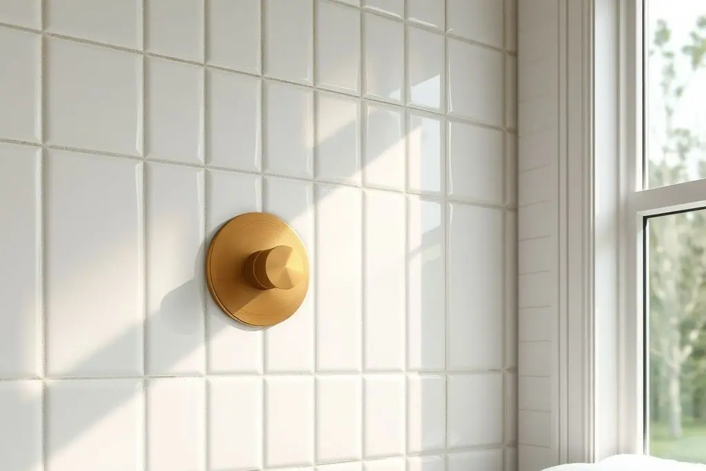 Glossy white square tile wall with a brushed brass shower valve and a walnut shelf holding towels